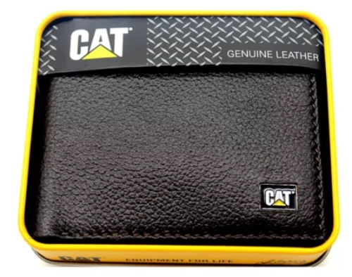 CAT BILLETERA DOBLE PARA CABALLERO COLOR CAFE CON CAJA DE METAL AMARILLA