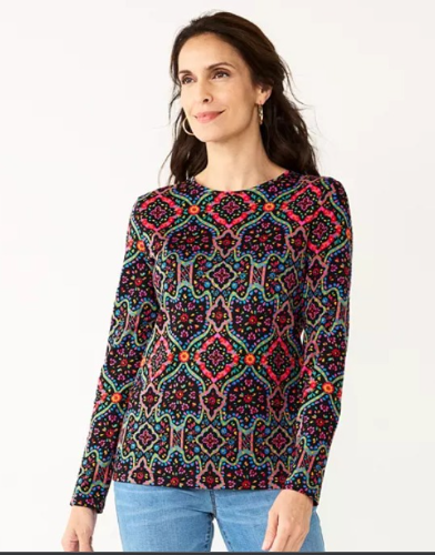 Croft & Barrow T/XS Blusa Negra con flores de colores manga larga Larga XS