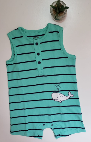 LITTLE ME ENTERIZO CORTO PARA NIÑO COLOR AQUA CON RAYAS AZULES TALLA 24 MESES