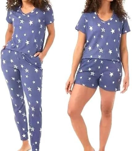 32 GRADOS PIJAMA T/XL DE 3 PIEZAS PARA DAMA  BLUSA, PANTALONETA Y JOGGER COLOR AZUL CON ESTRELLAS