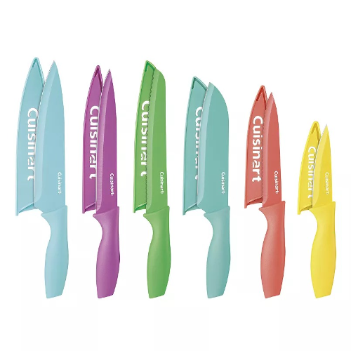 CUISINART SET DE 6 CUCHILLOS COLOR CELESTE, MORADO, VERDE, ROJO, AMARILLO CON REVESTIMIENTO DE CERAMICA Y FUNDAS PROTECTORAS