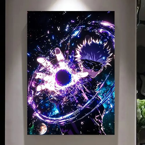 Arte en Lienzo de Grafiti Japonés Abstracto - Diseño Cósmico Energético Morado y Azul Vibrante