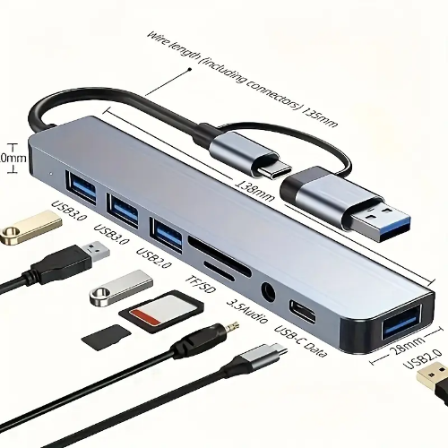 Estación de Acoplamiento USB 8 en 1 con Puertos USB y Tipo-C, Hub de 8 Puertos USB C con Lector de Tarjetas Micro SD/TF, Micrófono y Puertos de Audio para Portátiles