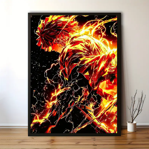 póster de arte sin marco inspirado en anime - Fuego vibrante y personaje negro, lienzo impermeable y a prueba de polvo para decoración de paredes en casa