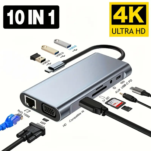 Adaptador USB C HUB 11 en 1 con 4K HDTV, VGA, Tipo C, PD, USB 3.0, RJ45