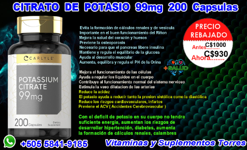 Citrato de Potasio 99mg 200 Cápsulas