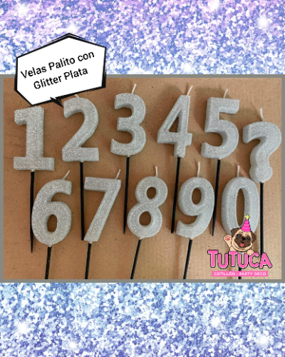 VELA NUMERO PALITO GLITTER PLATA