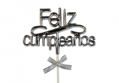 Topper para torta Feliz Cumpleaños Plateado