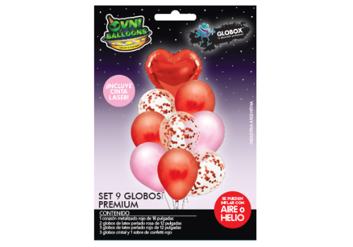 Set de 9 globos Corazón Rojo