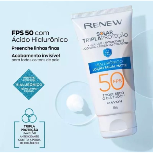 CREMA LOCIÓN FACIAL  PROTECTOR SOLAR FACIAL RENEW CON ÁCIDO HIALURÓNICO - TRIPLE PROTECCIÓN - FPS 50 / 18 UVA  UVB - 40G