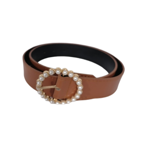 CINTO FEMENINO CUERO SINTÉTICO MARRON CON PERLAS
