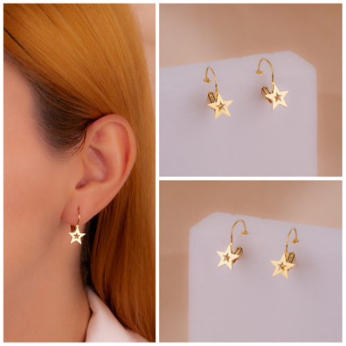 Aretes Estrellas Gancho Dorados Ref:B1804