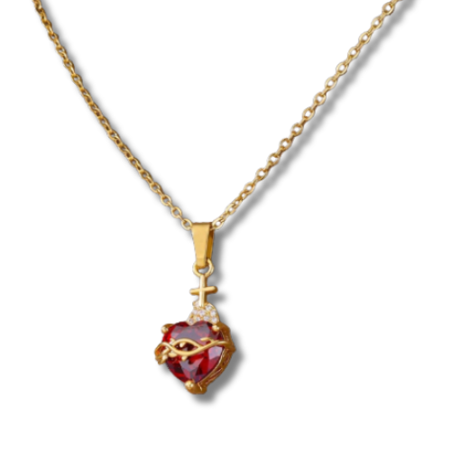 COLLAR DORADO DETENTE SAGRADO CORAZON PERLA ROJO INOX