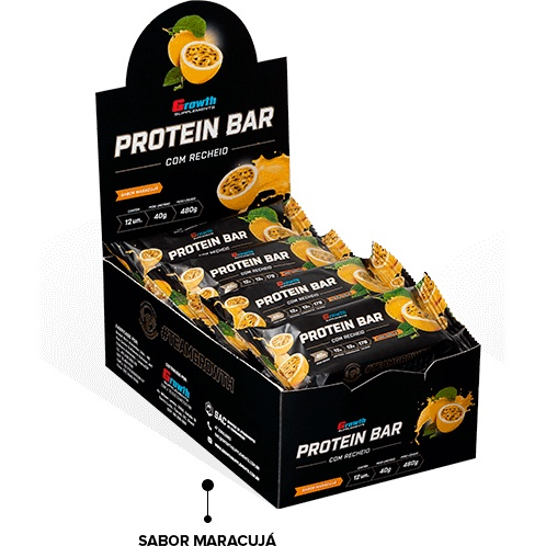 Barra de Proteína com recheio - Display C/ 12 Un. - Growth Supplements Sabor: Maracujá Cx 12 un