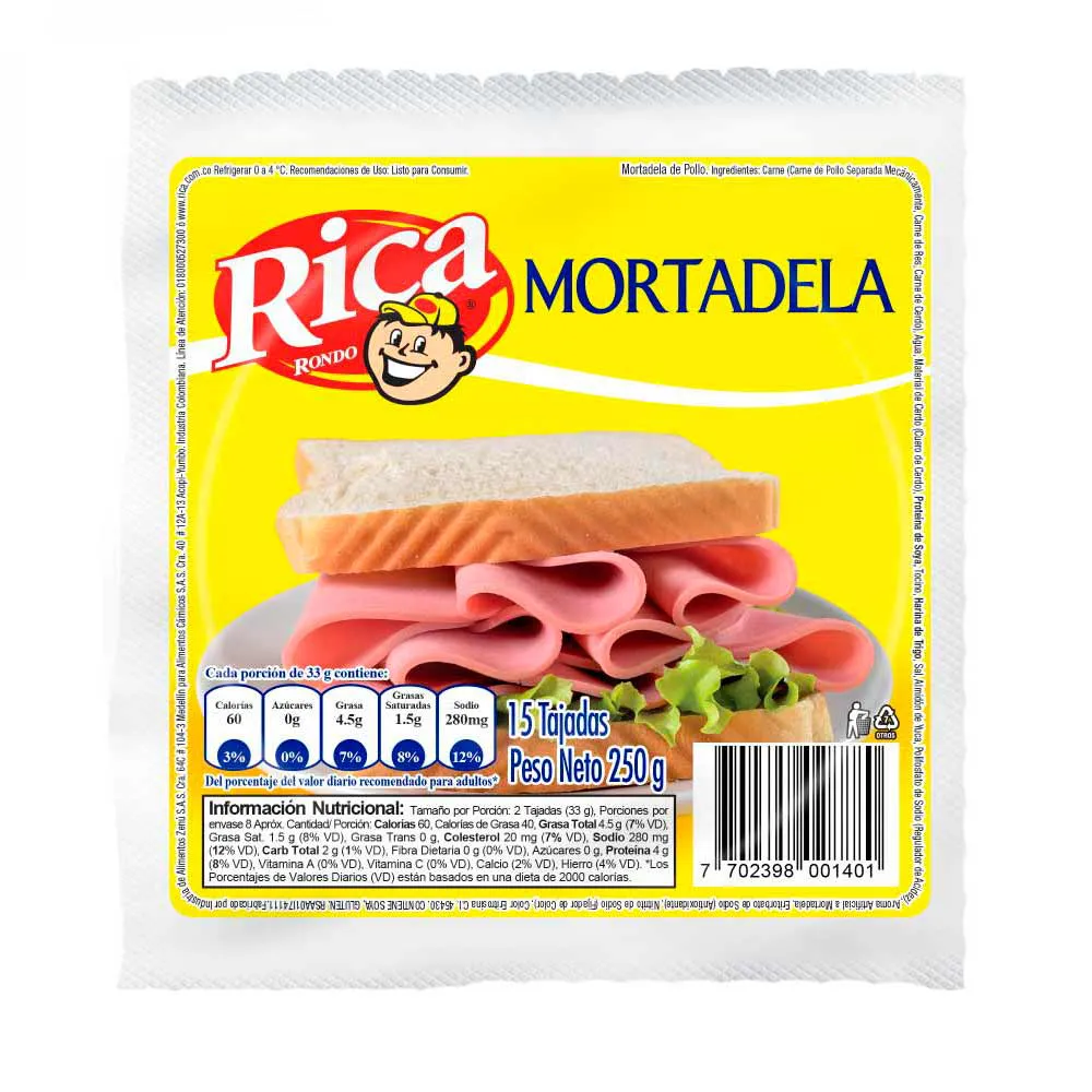 Mortadela de Pollo Rica, Paquete x 15 Tajadas x  Pollo 250g